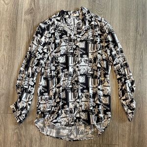 Button up blouse with modern contemporary black and white comic book print